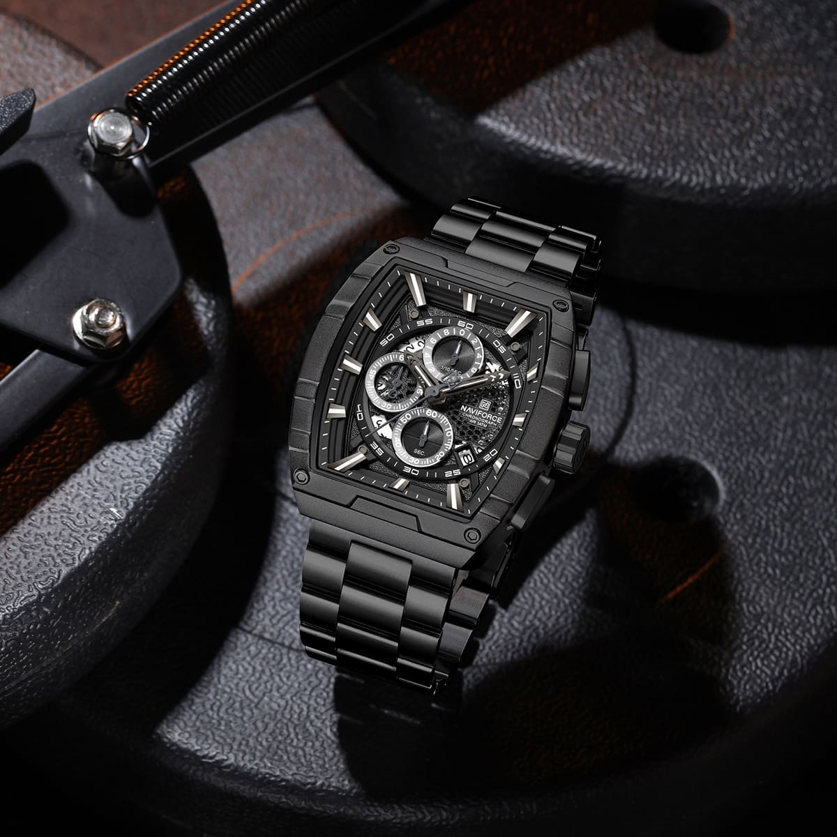Naviforce NF8066-B-B-B Men's Square Chronograph Watch – Black Dial & Black Steel Strap – view 3