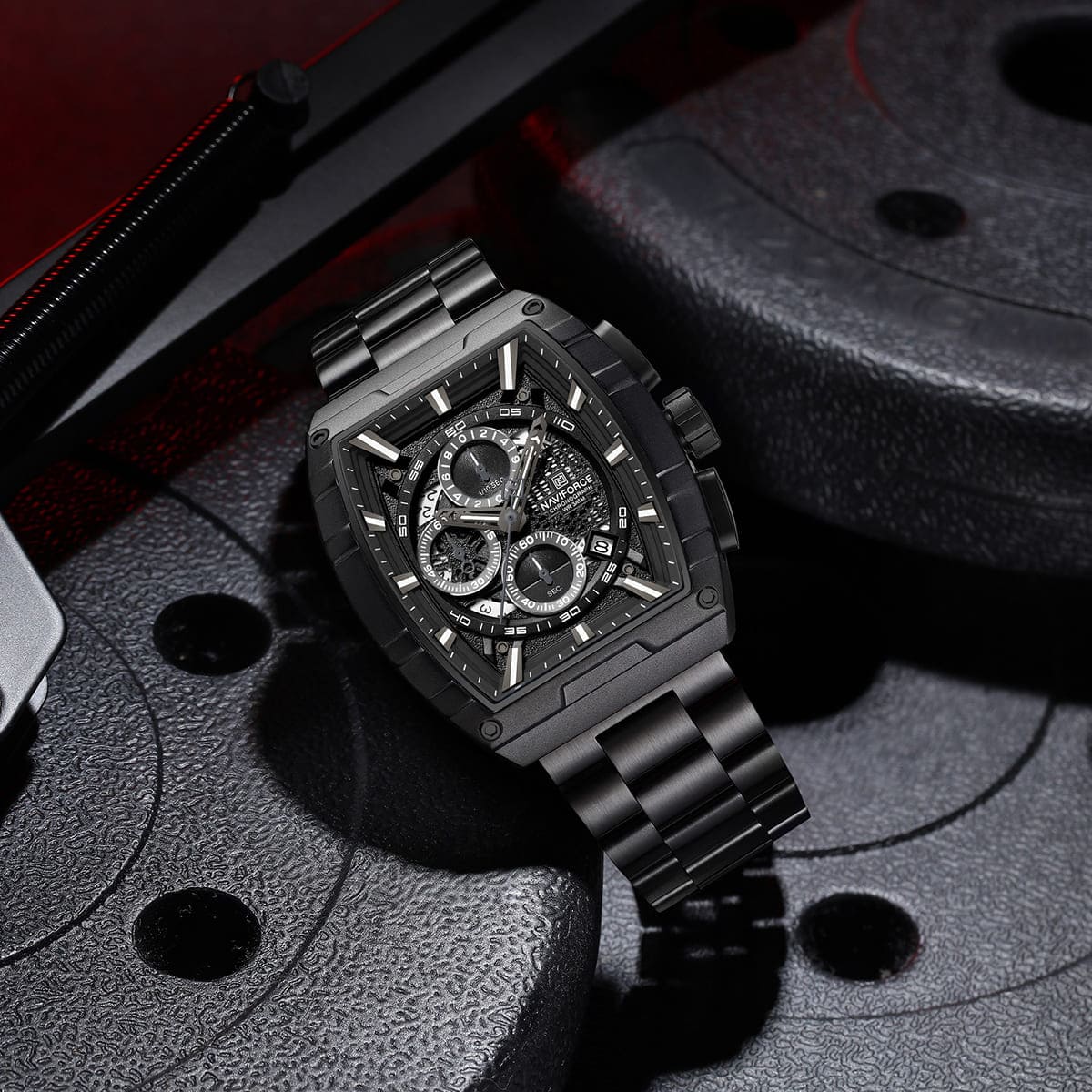 Naviforce NF8066-B-B-B Men's Square Chronograph Watch – Black Dial & Black Steel Strap – view 4