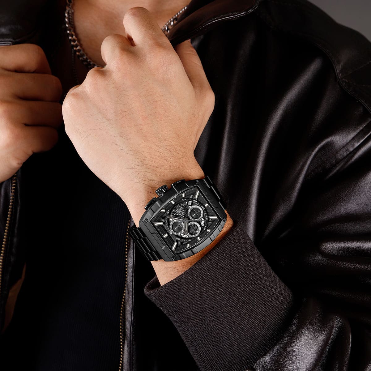 Naviforce NF8066-B-B-B Men's Square Chronograph Watch – Black Dial & Black Steel Strap – view 5