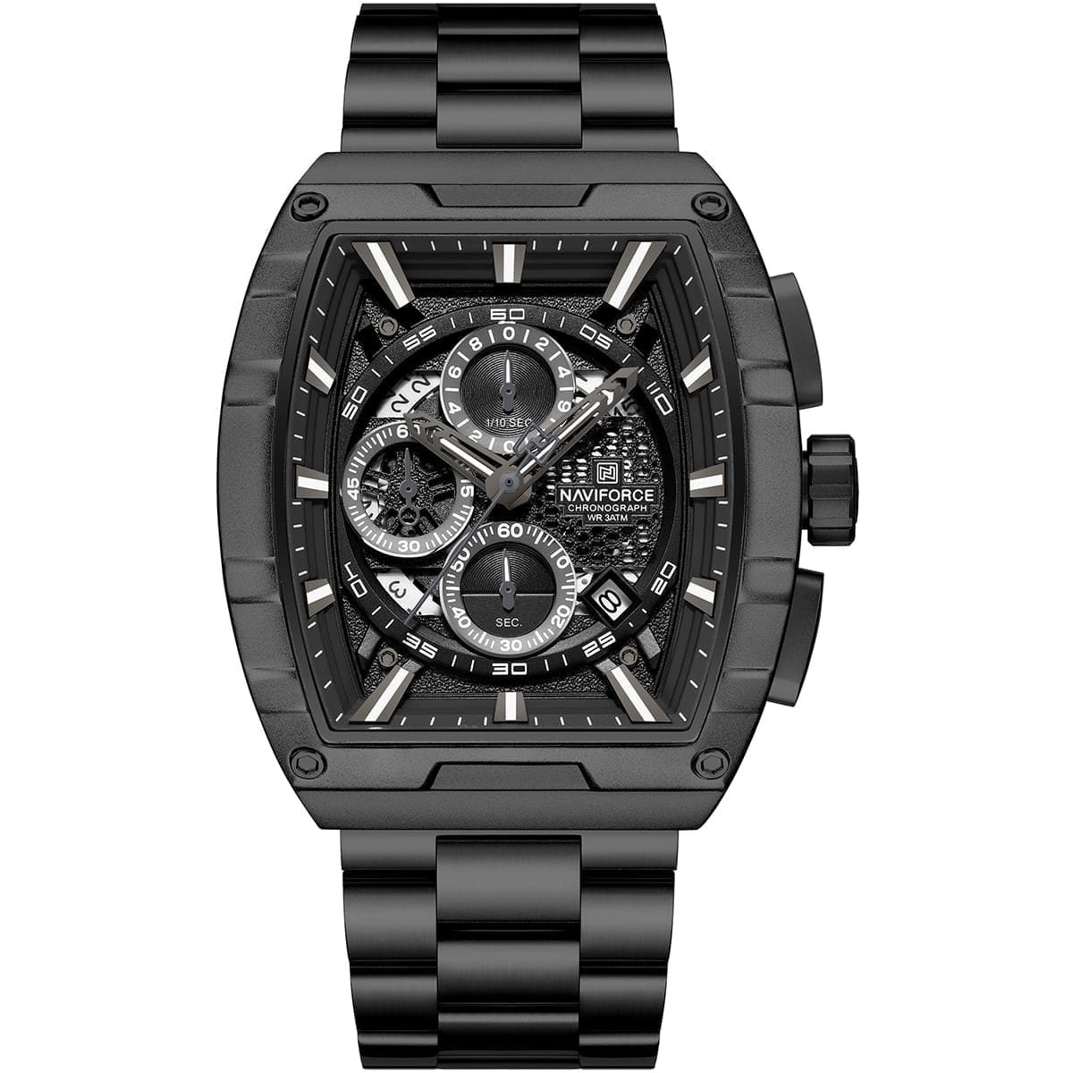 Naviforce NF8066-B-B-B Men's Square Chronograph Watch – Black Dial & Black Steel Strap
