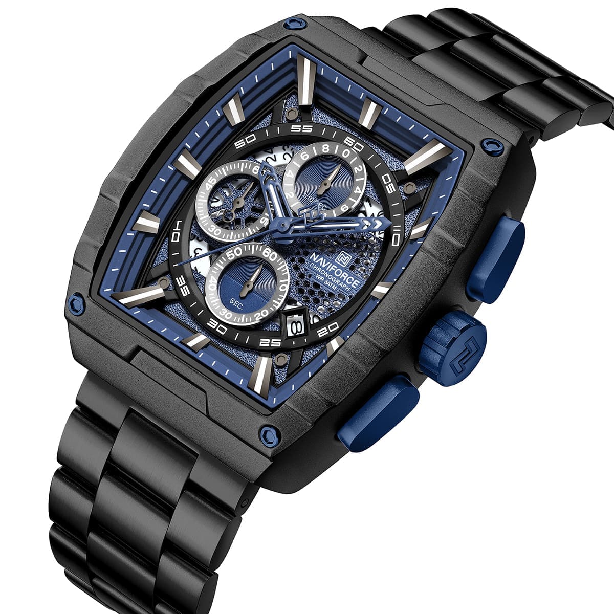 Naviforce NF8066-B-BE-B Men's Square Chronograph Watch – Blue Dial & Black Steel Strap – view 2