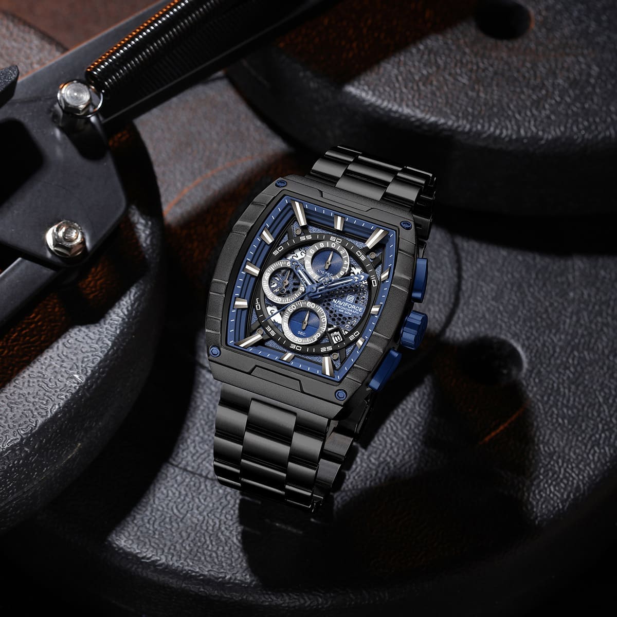 Naviforce NF8066-B-BE-B Men's Square Chronograph Watch – Blue Dial & Black Steel Strap – view 3