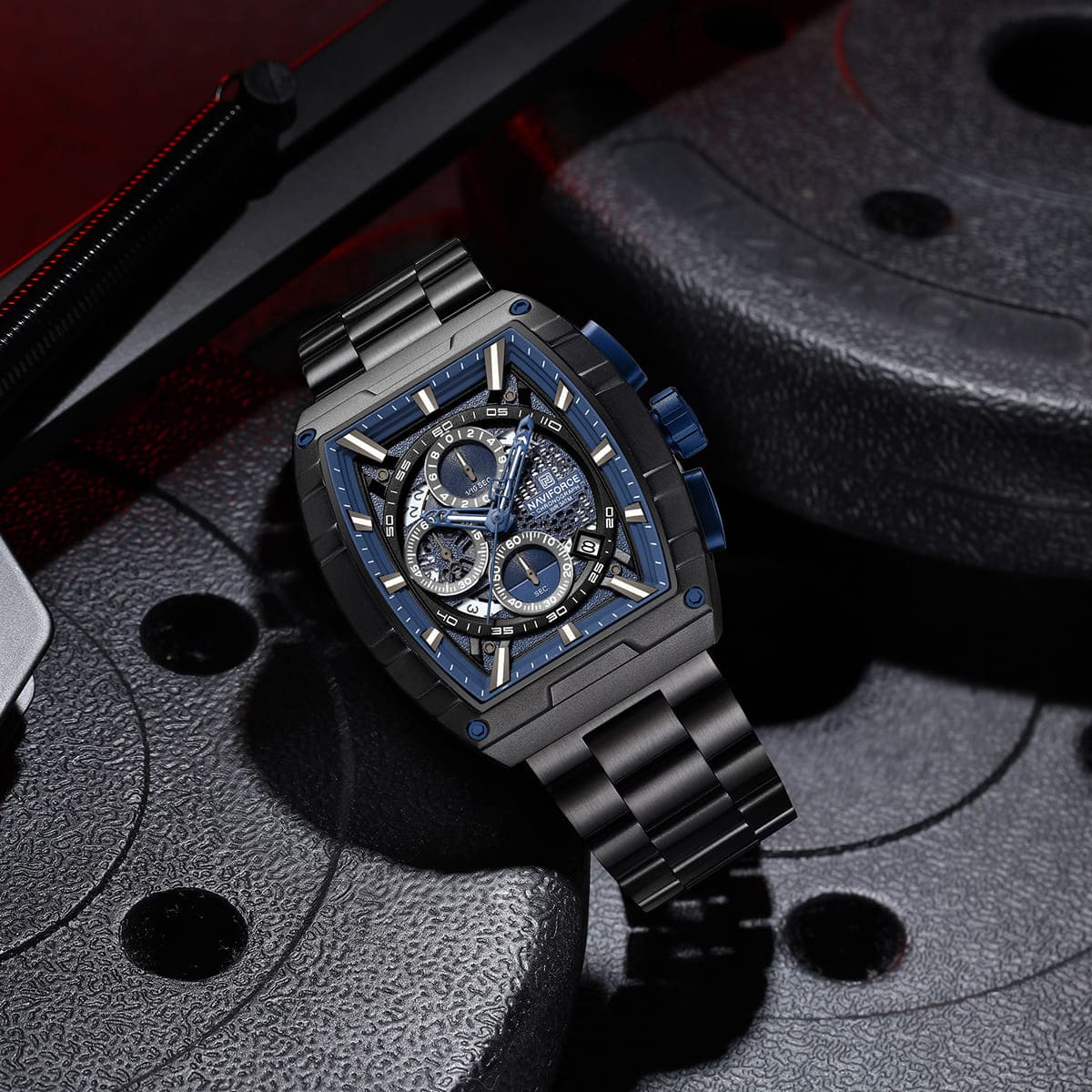 Naviforce NF8066-B-BE-B Men's Square Chronograph Watch – Blue Dial & Black Steel Strap – view 4