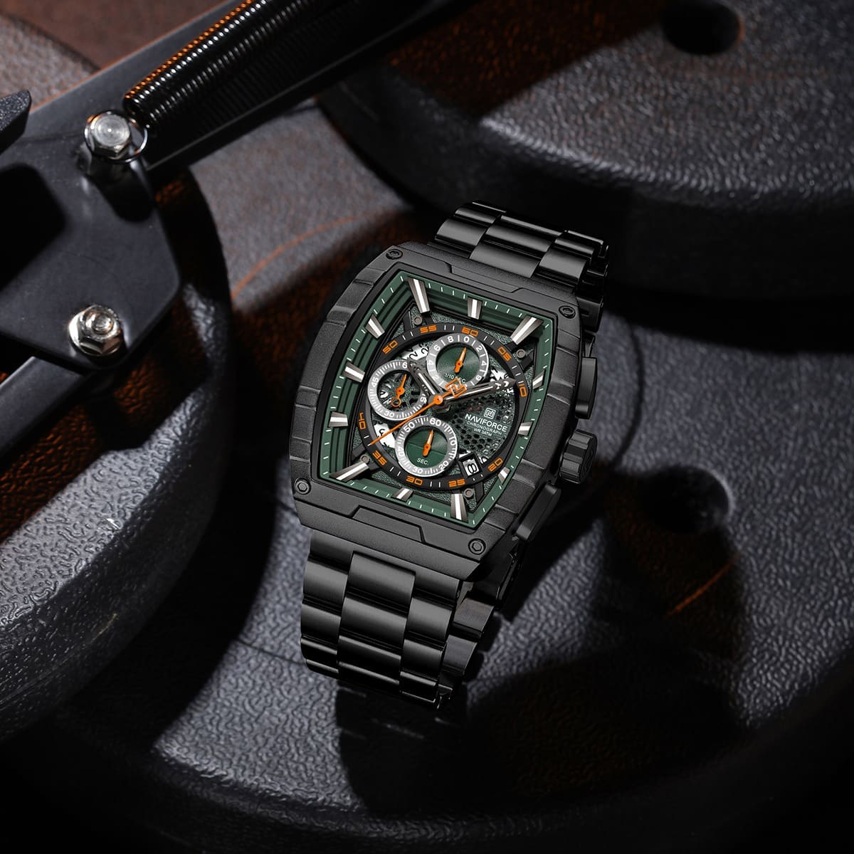 Naviforce NF8066-B-GN-B Men's Square Chronograph Watch – Green Dial & Black Steel Strap – view 3