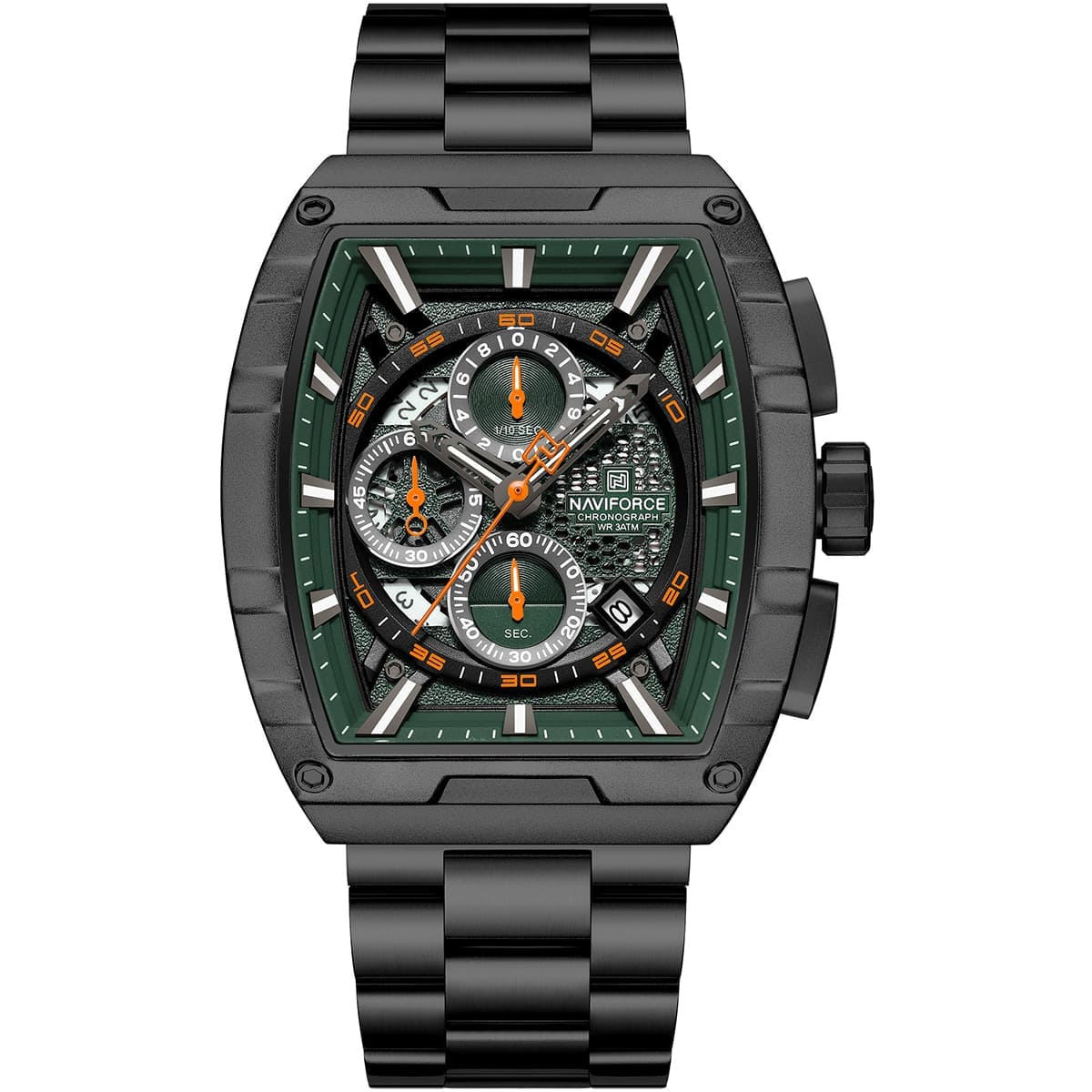 Naviforce NF8066-B-GN-B Men's Square Chronograph Watch – Green Dial & Black Steel Strap