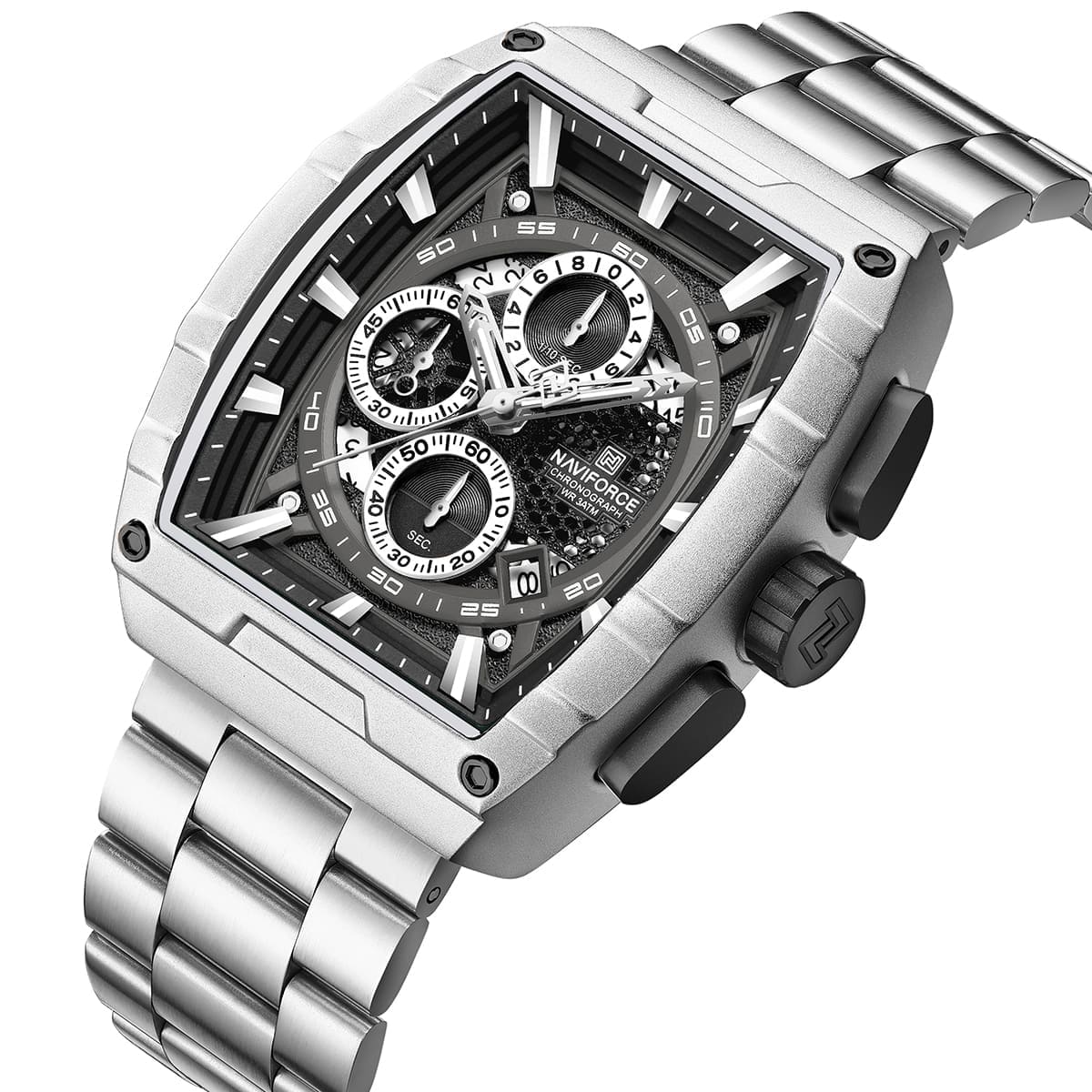 Naviforce NF8066-S-B-S Men's Square Chronograph Watch – Black Dial & Silver Steel Strap – view 2