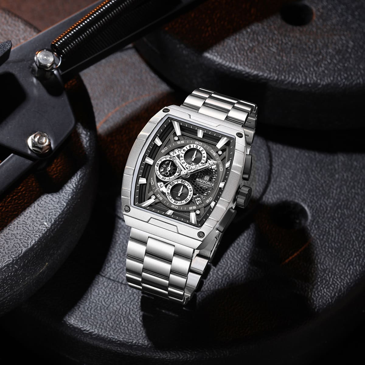 Naviforce NF8066-S-B-S Men's Square Chronograph Watch – Black Dial & Silver Steel Strap – view 3