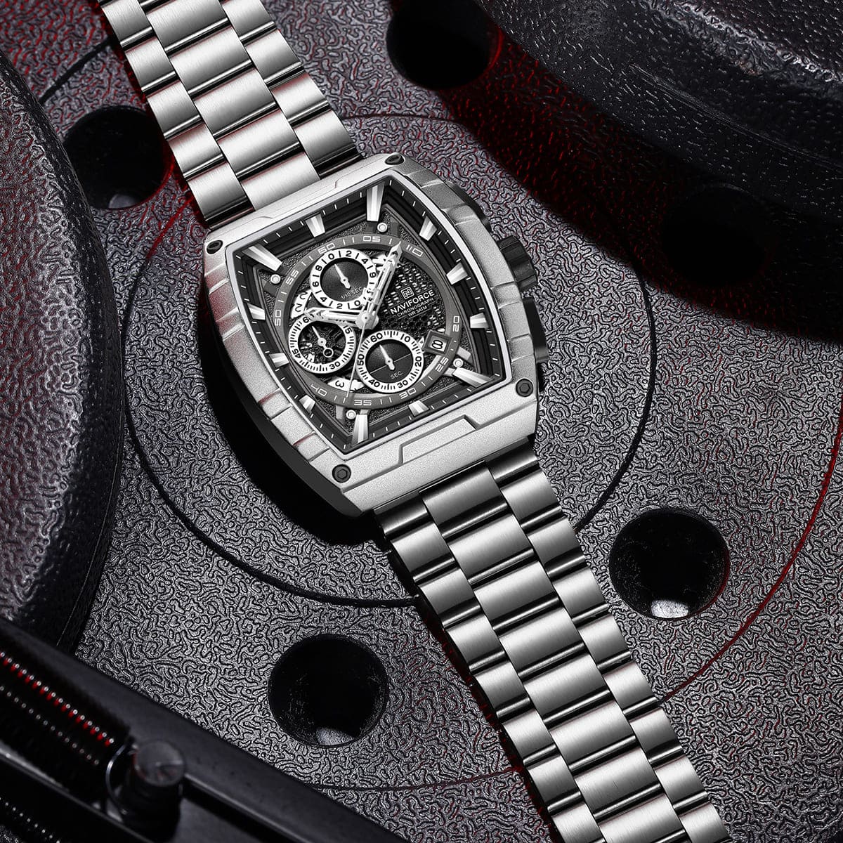 Naviforce NF8066-S-B-S Men's Square Chronograph Watch – Black Dial & Silver Steel Strap – view 4