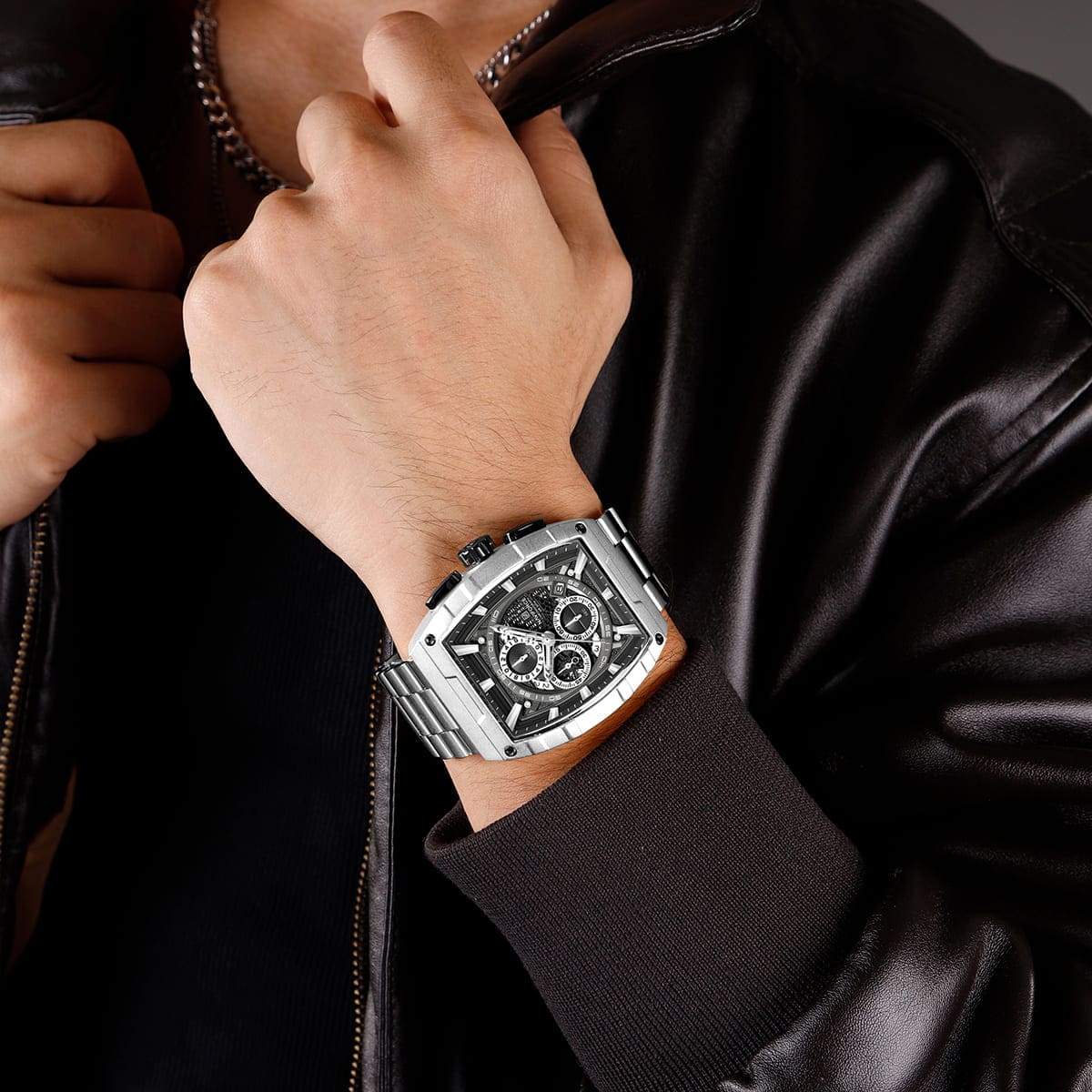 Naviforce NF8066-S-B-S Men's Square Chronograph Watch – Black Dial & Silver Steel Strap – view 5