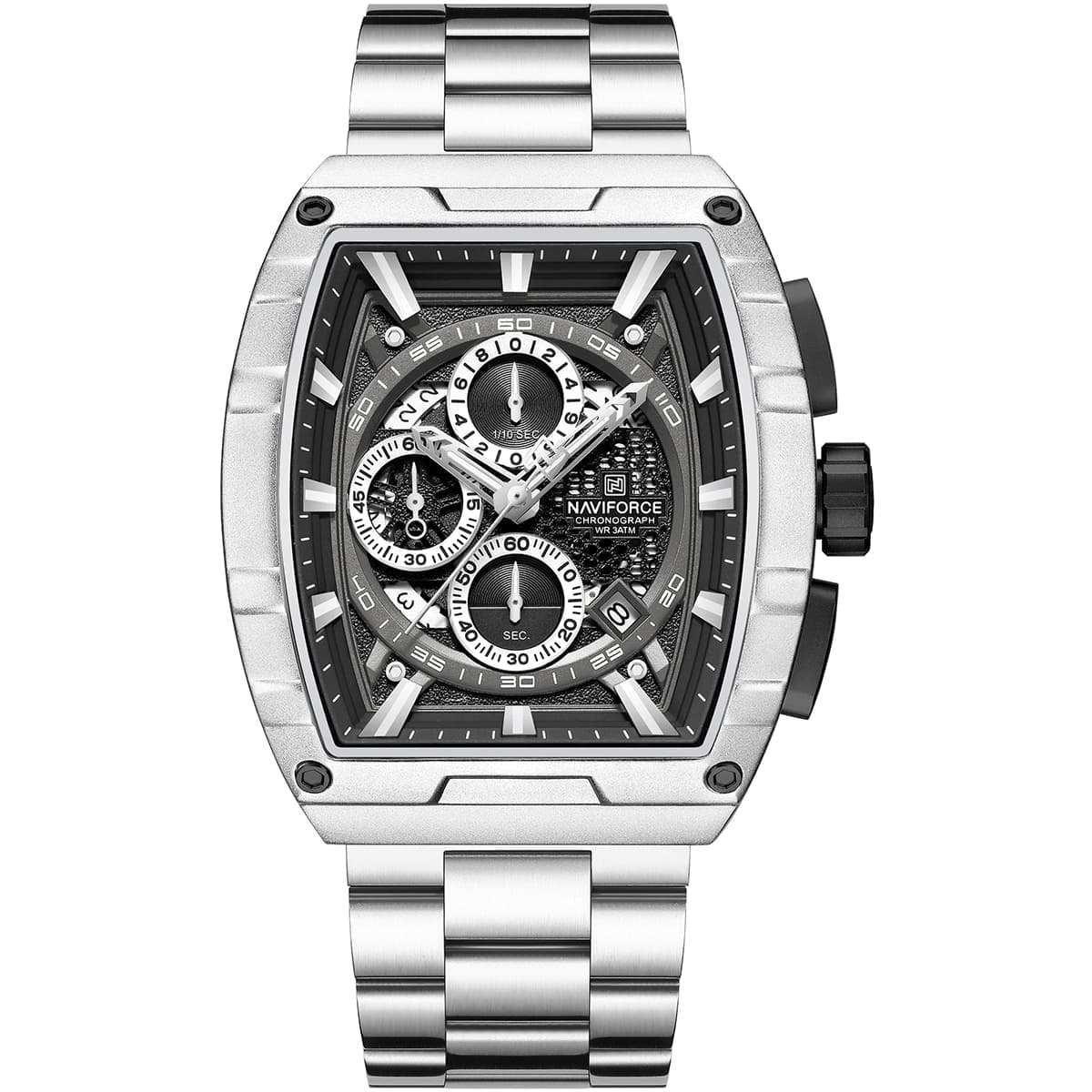 Naviforce NF8066-S-B-S Men's Square Chronograph Watch – Black Dial & Silver Steel Strap