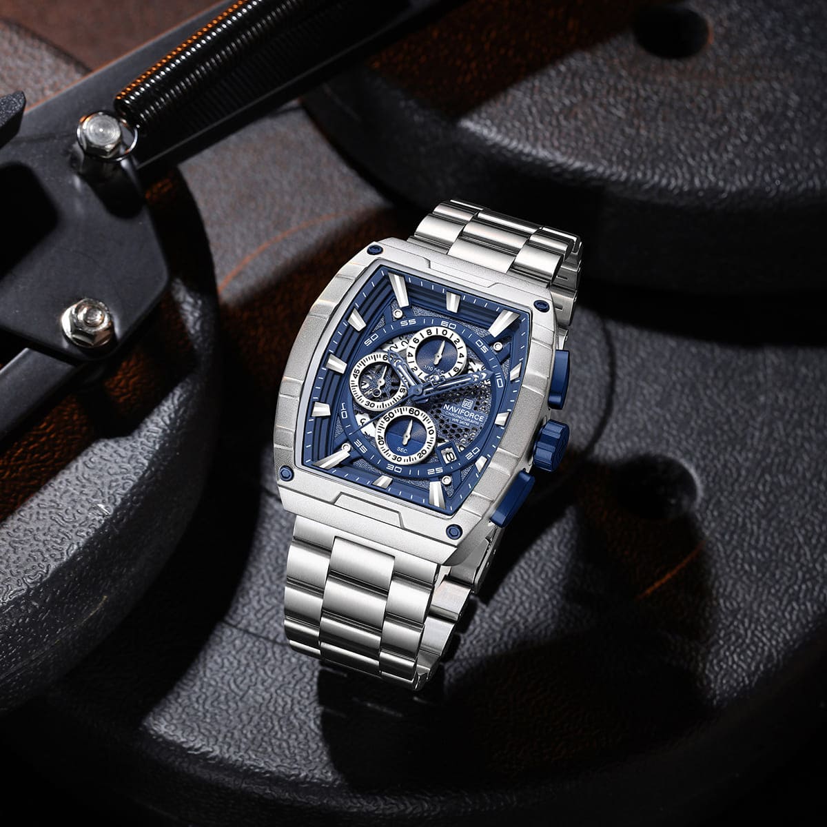 Naviforce NF8066-S-BE-S Men's Square Chronograph Watch – Blue Dial & Silver Steel Strap – view 3