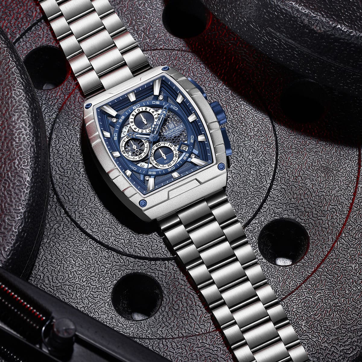 Naviforce NF8066-S-BE-S Men's Square Chronograph Watch – Blue Dial & Silver Steel Strap – view 4