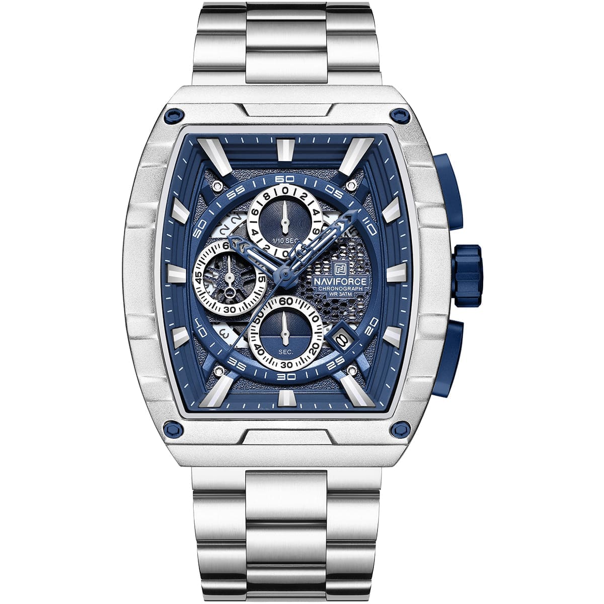 Naviforce NF8066-S-BE-S Men's Square Chronograph Watch – Blue Dial & Silver Steel Strap