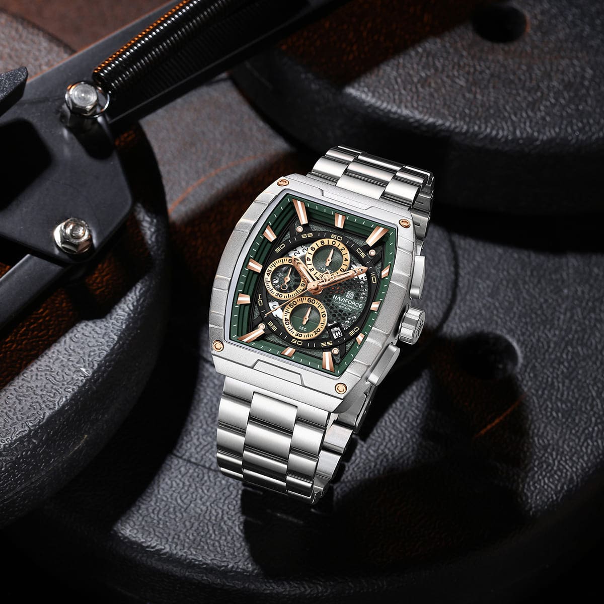 Naviforce NF8066-S-GN-S Men's Square Chronograph Watch – Green Dial & Silver Steel Strap – view 3