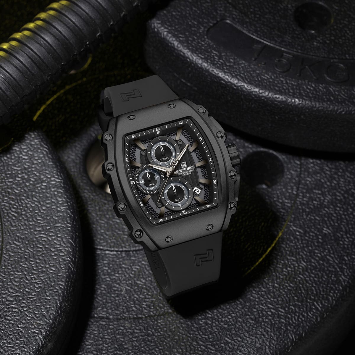 Naviforce NF8070-B-B-B Men's Square Chronograph Watch – Black Dial & Black Rubber Strap – view 3