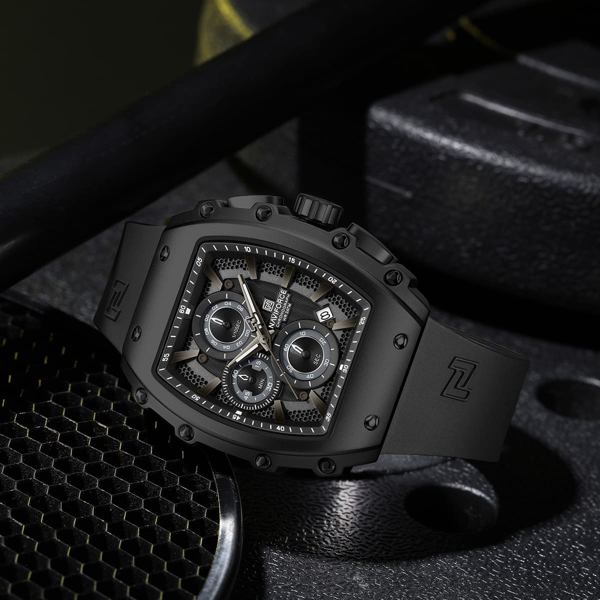 Naviforce NF8070-B-B-B Men's Square Chronograph Watch – Black Dial & Black Rubber Strap – view 4