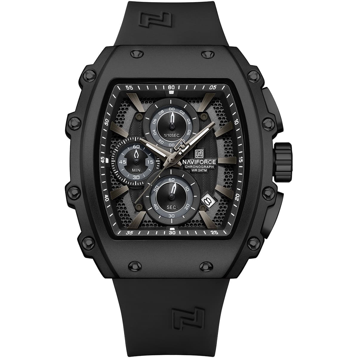 Naviforce NF8070-B-B-B Men's Square Chronograph Watch – Black Dial & Black Rubber Strap