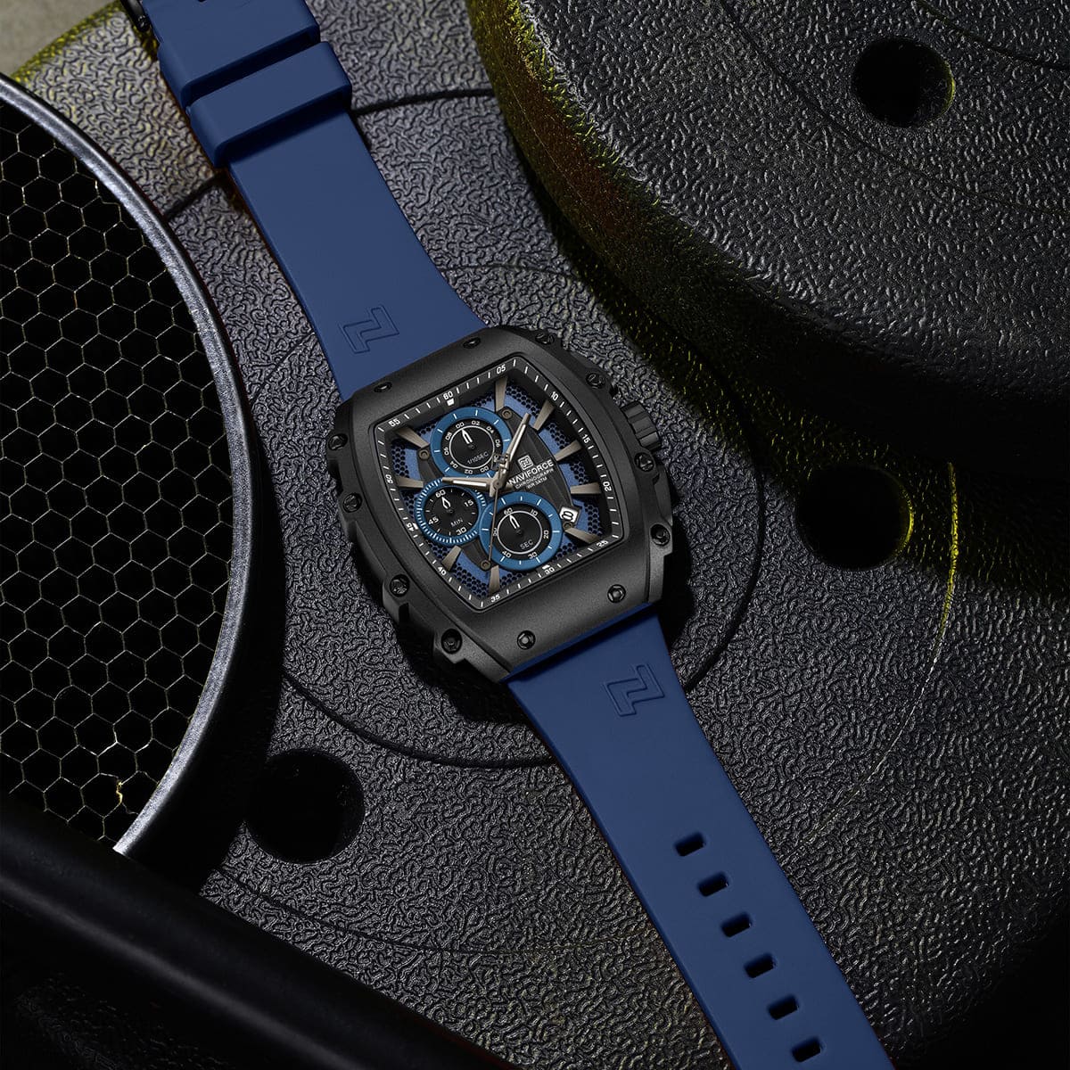 Naviforce NF8070-B-BE-BE Men's Square Chronograph Watch – Blue Dial & Blue Rubber Strap – view 4