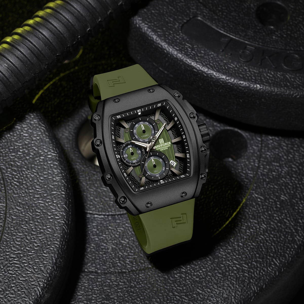 Naviforce NF8070-B-GN-GN Men's Square Chronograph Watch – Green Dial & Green Rubber Strap – view 3