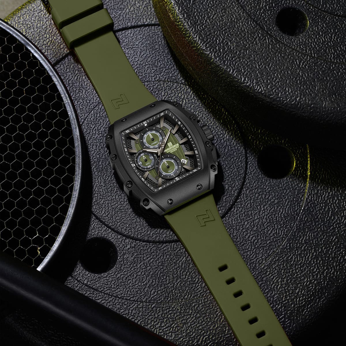 Naviforce NF8070-B-GN-GN Men's Square Chronograph Watch – Green Dial & Green Rubber Strap – view 4