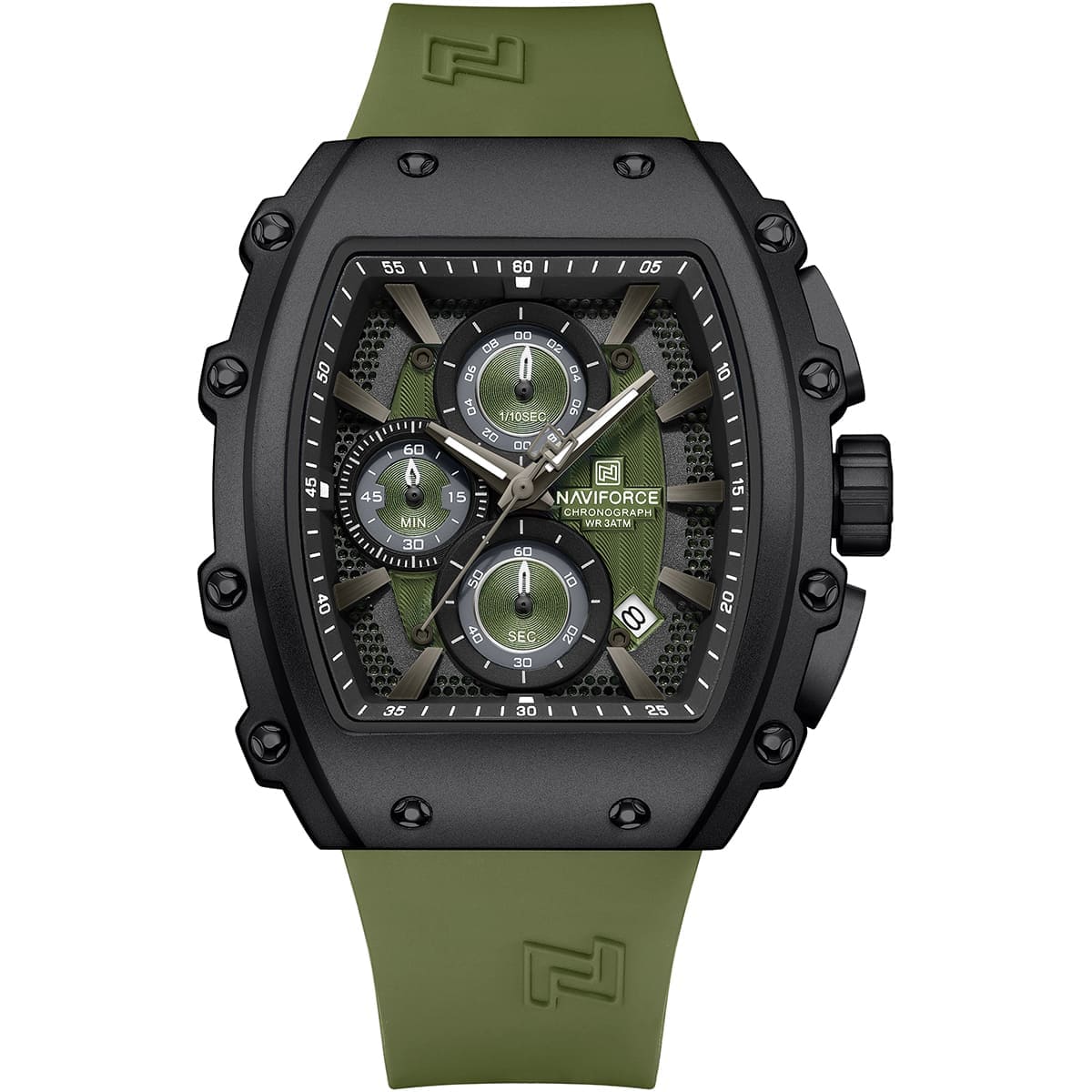 Naviforce NF8070-B-GN-GN Men's Square Chronograph Watch – Green Dial & Green Rubber Strap