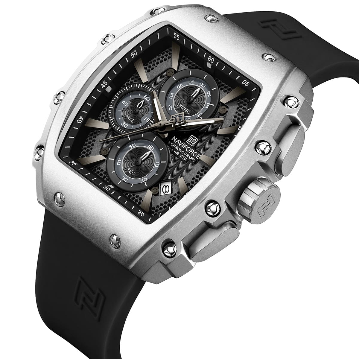 Naviforce NF8070-S-B-B Men's Square Chronograph Watch – Black Dial & Black Rubber Strap (Silver Case) – view 2