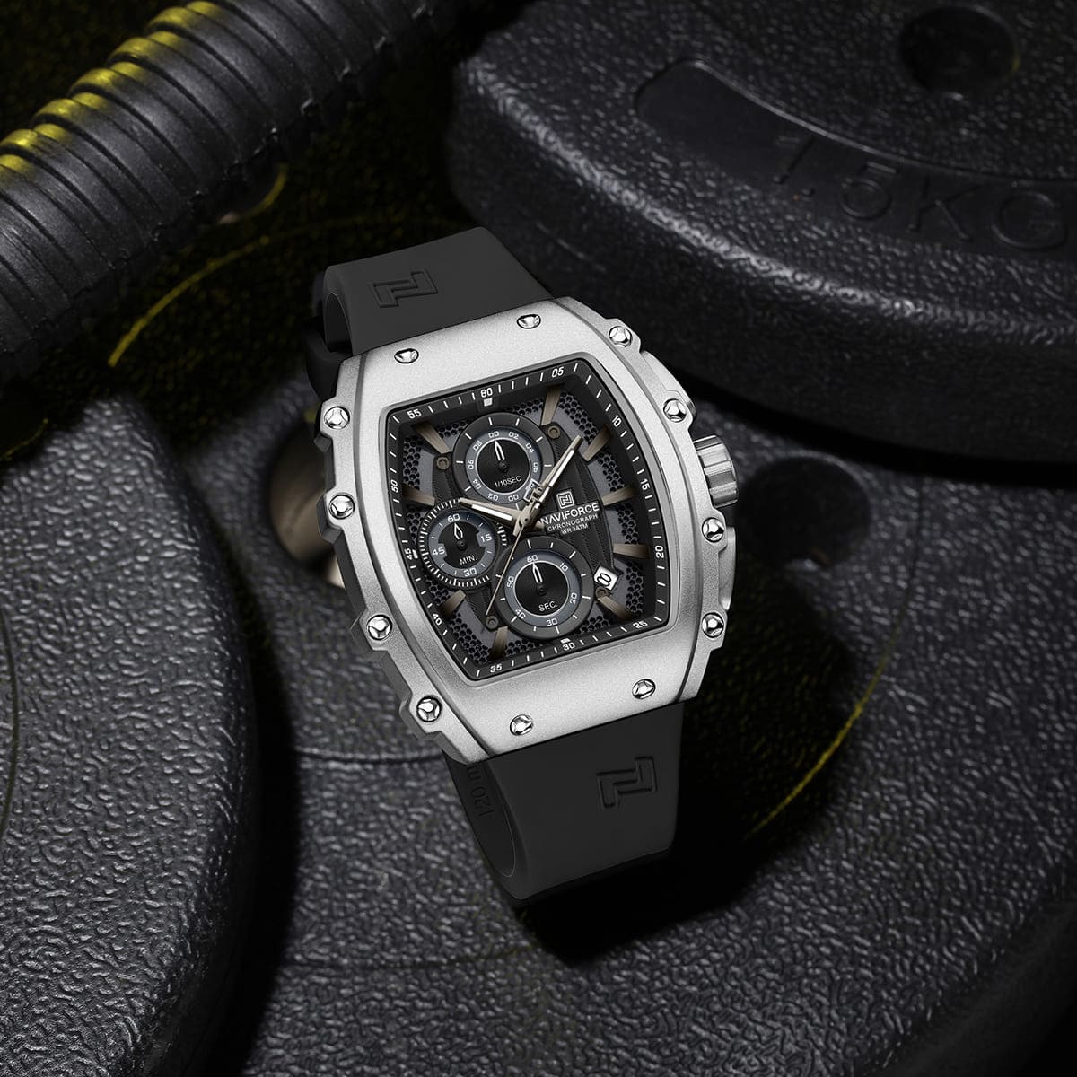 Naviforce NF8070-S-B-B Men's Square Chronograph Watch – Black Dial & Black Rubber Strap (Silver Case) – view 3