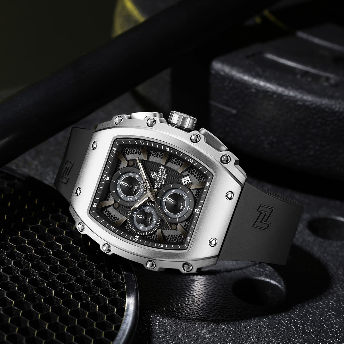 Naviforce NF8070-S-B-B Men's Square Chronograph Watch – Black Dial & Black Rubber Strap (Silver Case) – view 4