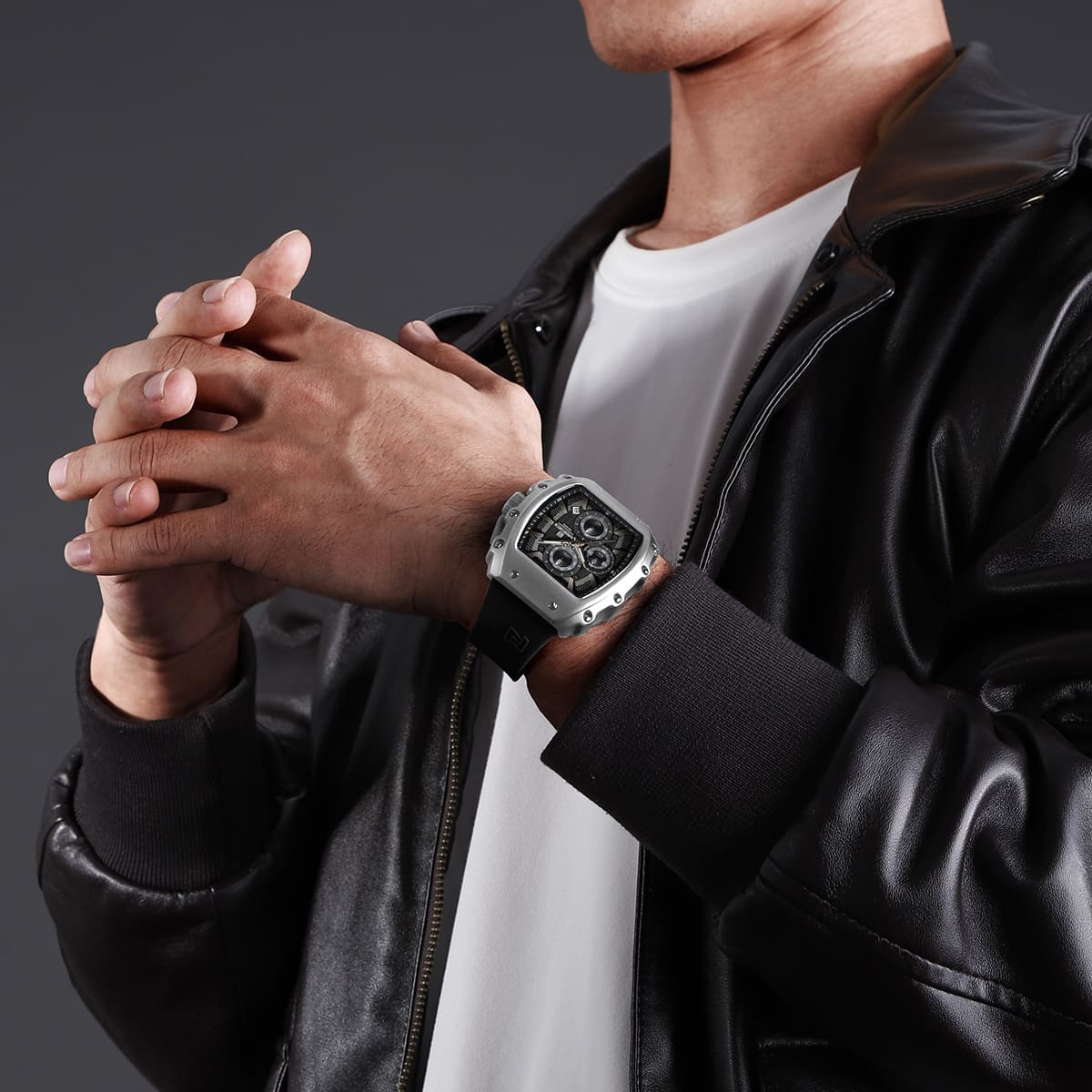 Naviforce NF8070-S-B-B Men's Square Chronograph Watch – Black Dial & Black Rubber Strap (Silver Case) – view 5