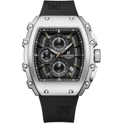 Naviforce NF8070-S-B-B Men's Square Chronograph Watch – Black Dial & Black Rubber Strap (Silver Case)