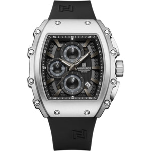 Naviforce NF8070-S-B-B Men's Square Chronograph Watch – Black Dial & Black Rubber Strap (Silver Case)
