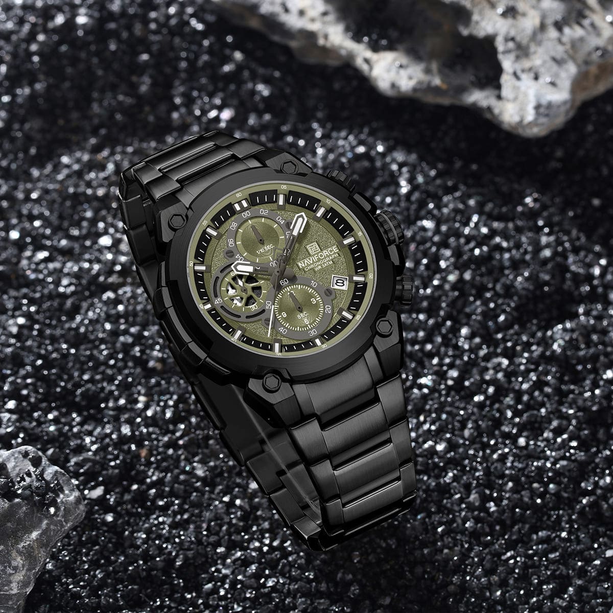 Naviforce NF8071-B-GN-B Men's Chronograph Watch – Green Dial & Black Steel Strap – view 3