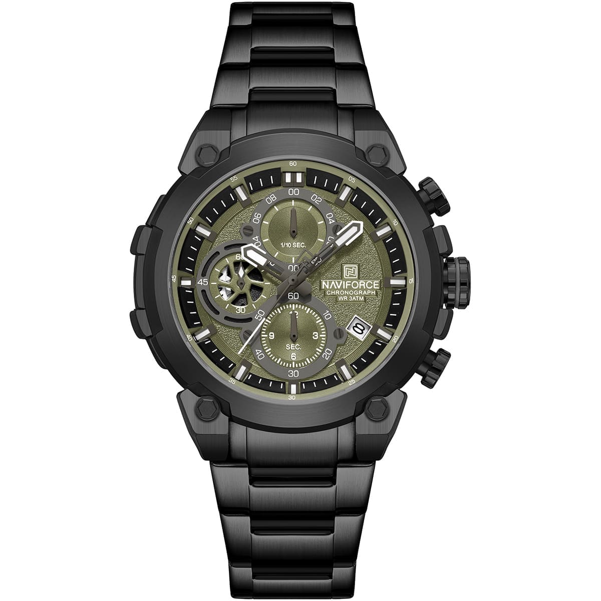 Naviforce NF8071-B-GN-B Men's Chronograph Watch – Green Dial & Black Steel Strap