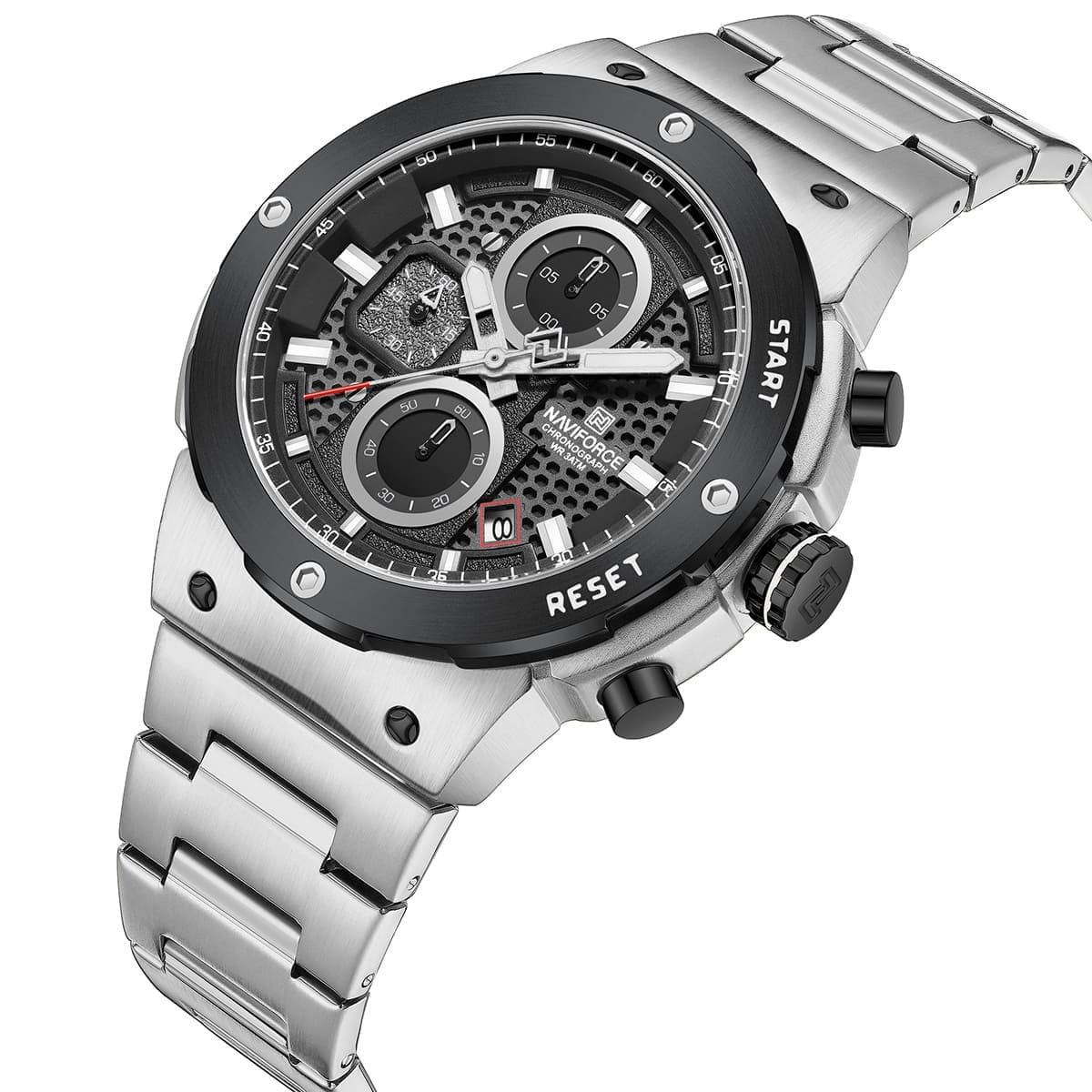 Naviforce NF8072-S-B-S Men's Multifunction Watch – Black Dial & Silver Steel Strap – view 2