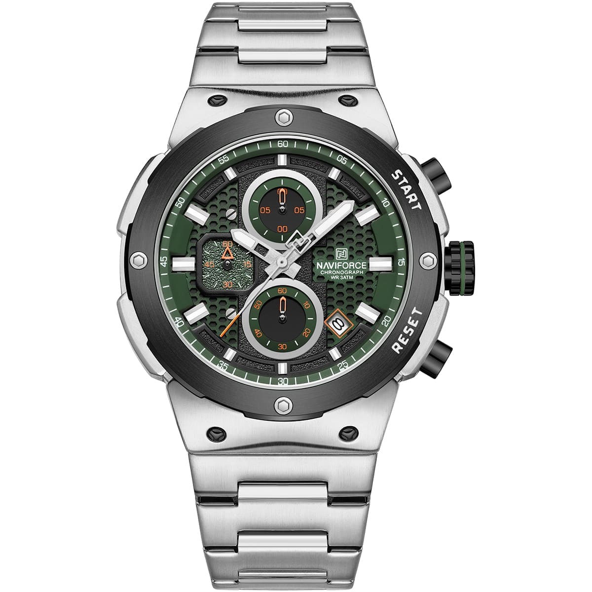 Naviforce NF8072-S-GN-S Men's Multifunction Watch – Green Dial & Silver Steel Strap