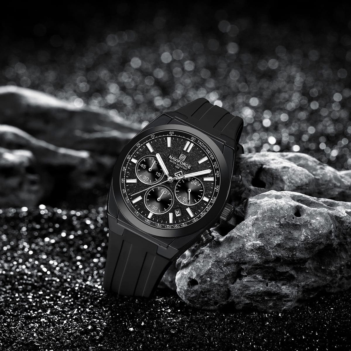 Naviforce NF8080-B-B-B Men's Chronograph Watch – Black Dial & Black Rubber Strap – view 3