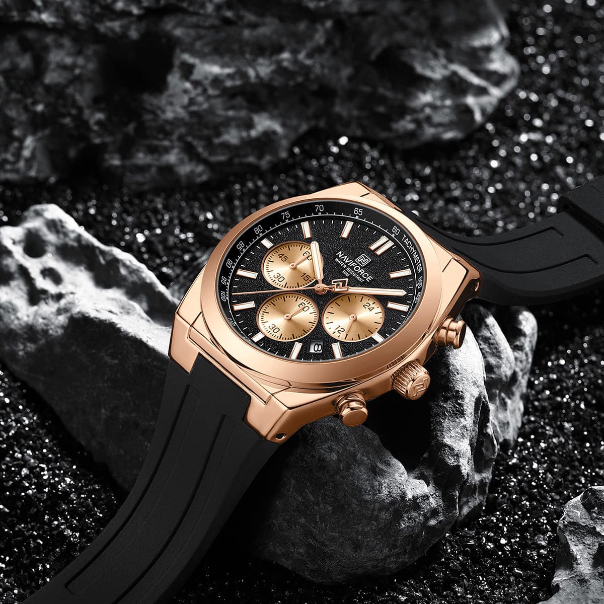 Naviforce NF8080-RG-B-B Men's Chronograph Watch – Rose Gold Case, Black Dial & Black Rubber Strap – view 4