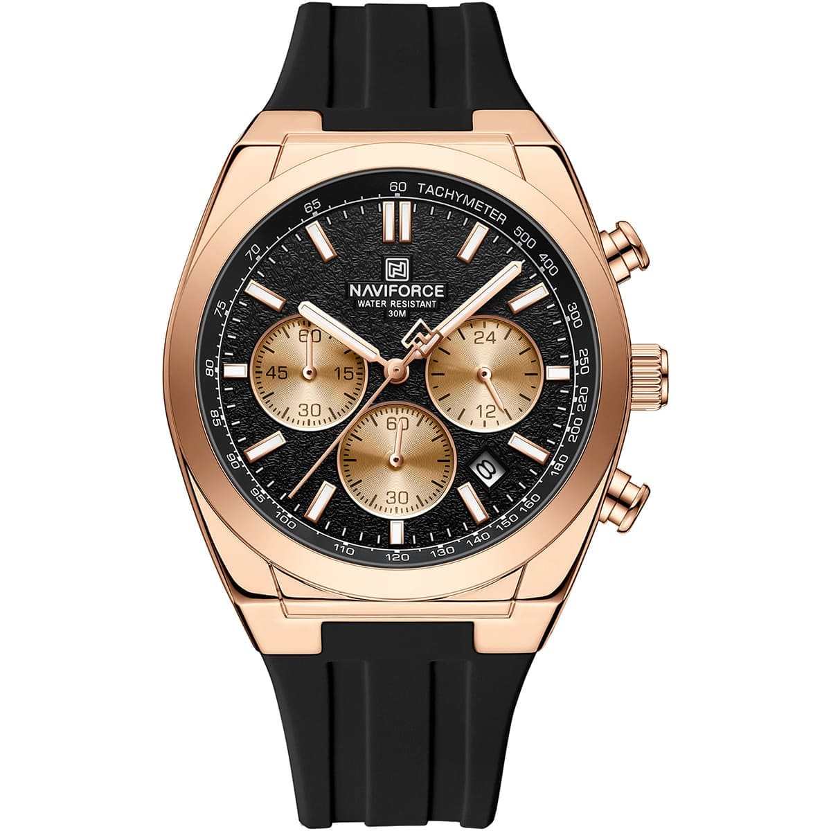 Naviforce NF8080-RG-B-B Men's Chronograph Watch – Rose Gold Case, Black Dial & Black Rubber Strap