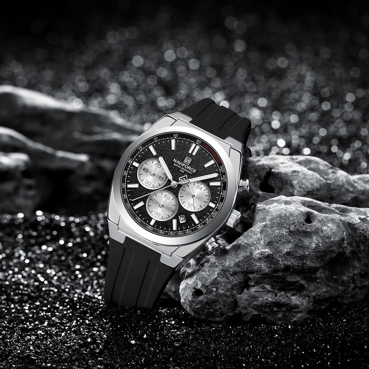 Naviforce NF8080-S-B-B Men's Chronograph Watch – Black Dial & Black Rubber Strap – view 3