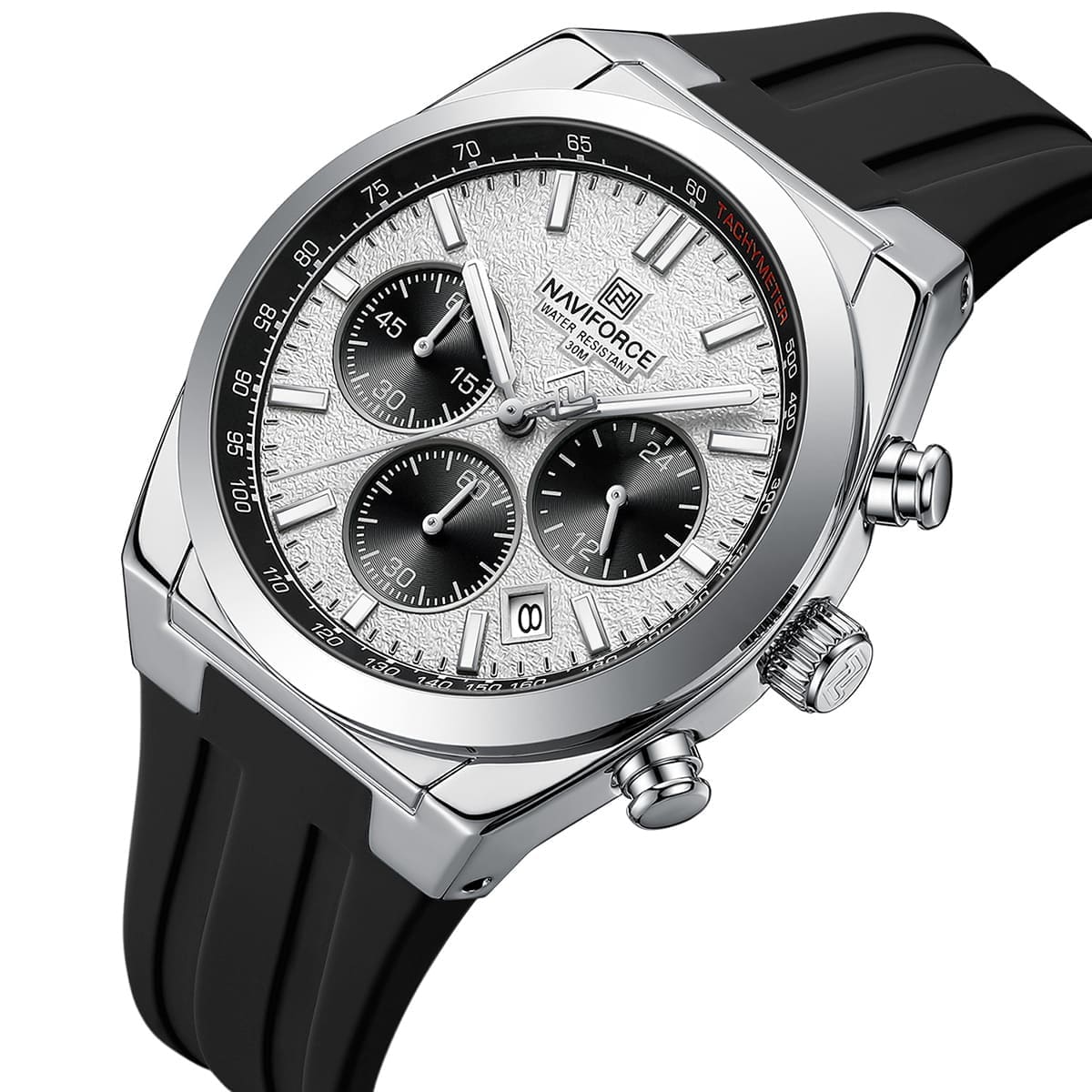 Naviforce NF8080-S-W-B Men's Chronograph Watch – White Dial & Black Rubber Strap – view 2