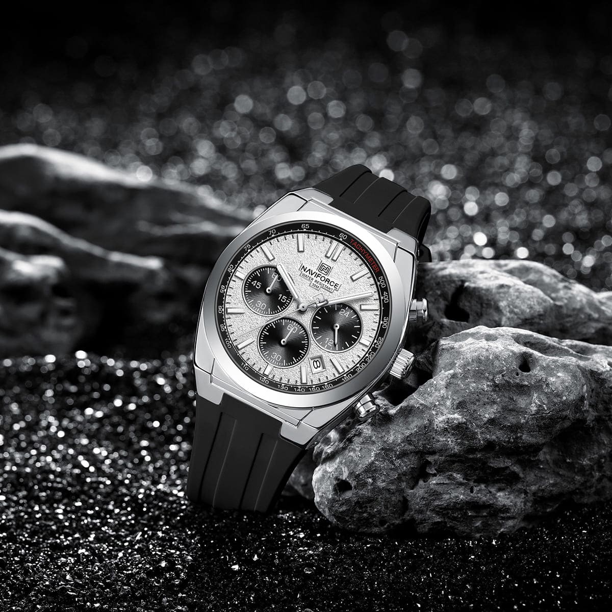 Naviforce NF8080-S-W-B Men's Chronograph Watch – White Dial & Black Rubber Strap – view 3