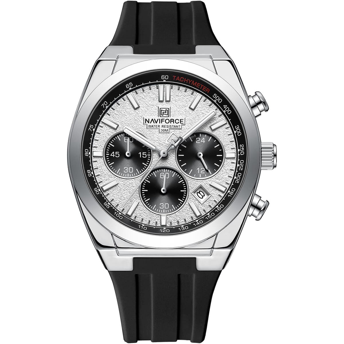 Naviforce NF8080-S-W-B Men's Chronograph Watch – White Dial & Black Rubber Strap