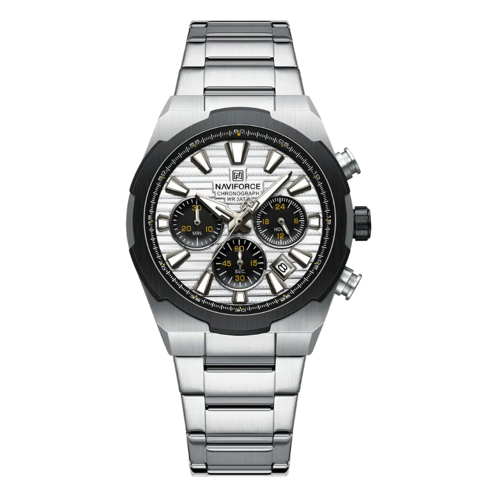 Naviforce NF8081-S-W-S Men's Chronograph Watch – White Dial & Silver Steel Strap