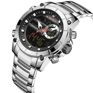 Naviforce NF9163-S-B Men's Round Digital-Analog Chronograph Watch – Silver Case, Black Dial & Silver Metal Strap – view 2