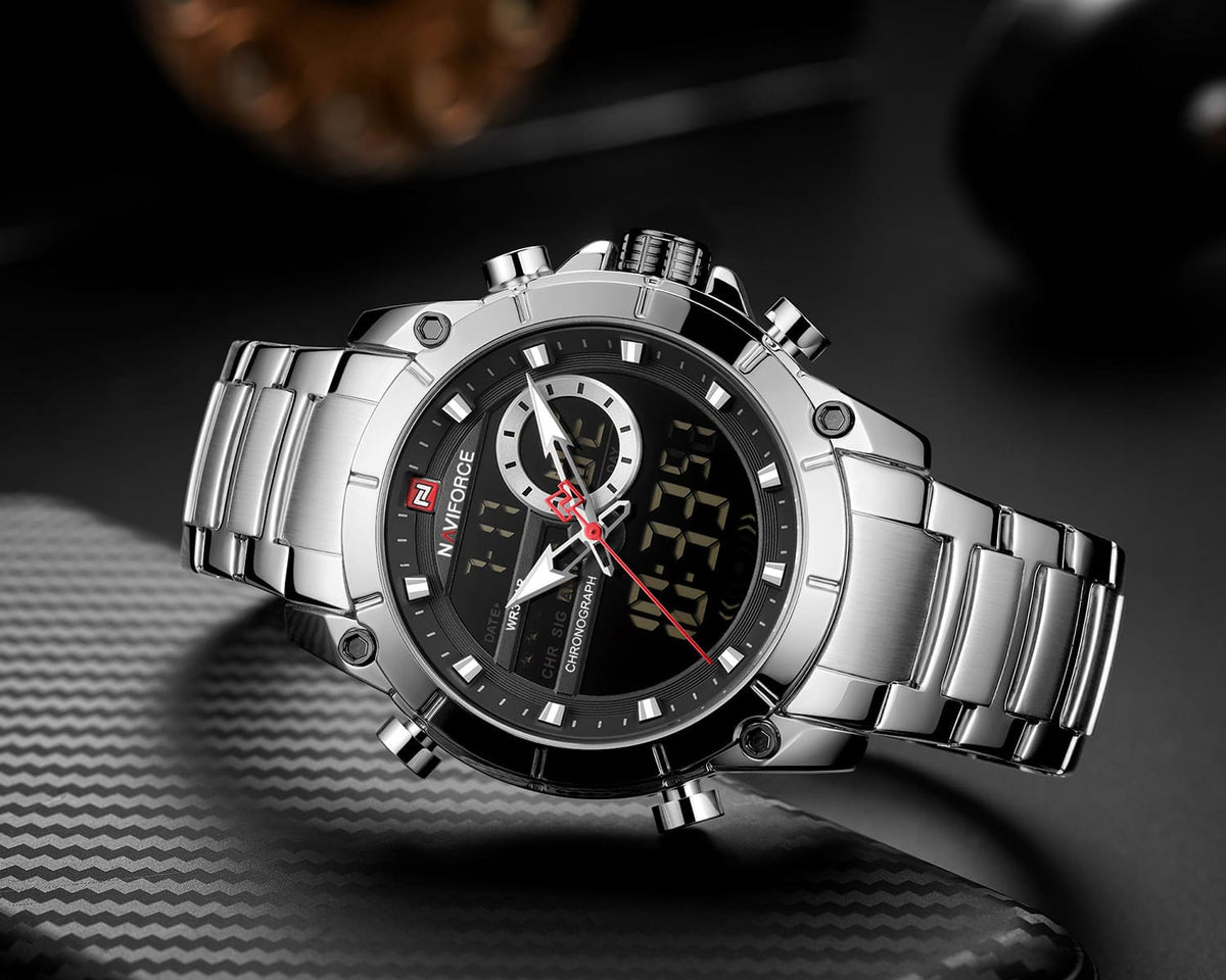 Naviforce NF9163-S-B Men's Round Digital-Analog Chronograph Watch – Silver Case, Black Dial & Silver Metal Strap – view 5