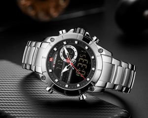 Naviforce NF9163-S-B Men's Round Digital-Analog Chronograph Watch – Silver Case, Black Dial & Silver Metal Strap – view 5