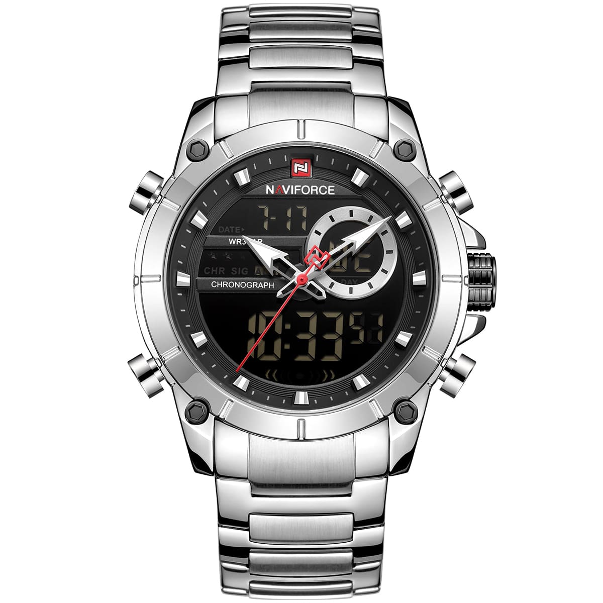 Naviforce NF9163-S-B Men's Round Digital-Analog Chronograph Watch – Silver Case, Black Dial & Silver Metal Strap