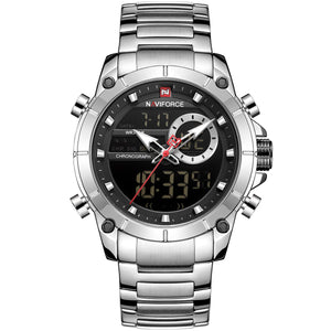 Naviforce NF9163-S-B Men's Round Digital-Analog Chronograph Watch – Silver Case, Black Dial & Silver Metal Strap