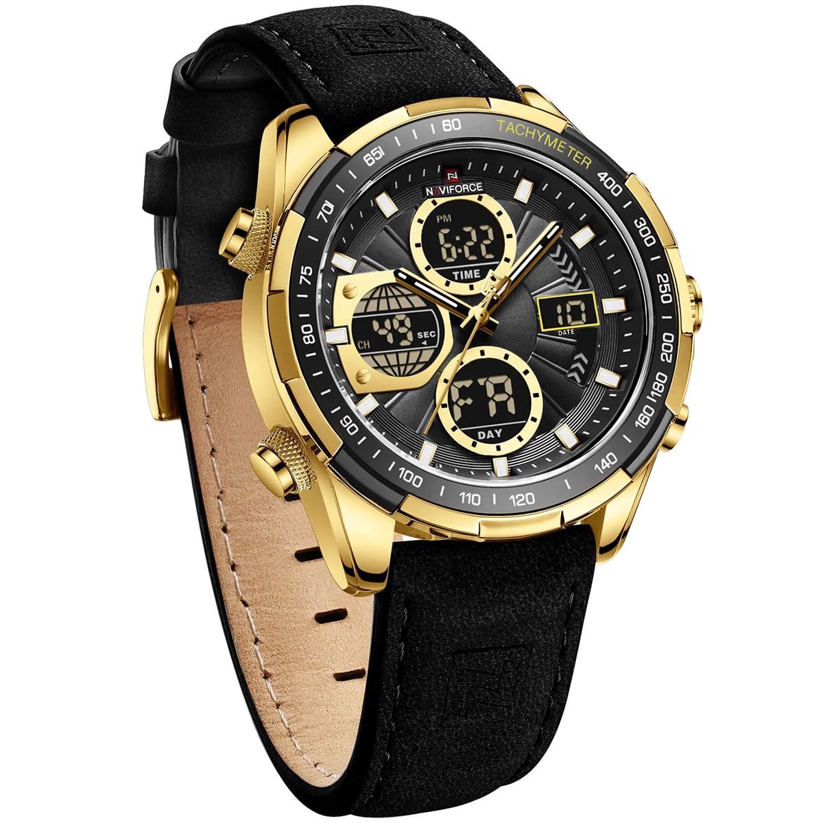 Naviforce NF9197L-G-B-B Men's Analog-Digital Watch – Black Dial & Black Leather Strap – view 4
