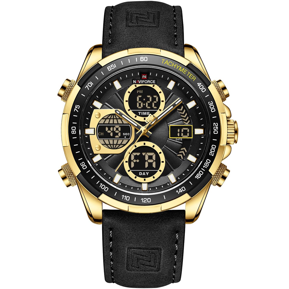 Naviforce NF9197L-G-B-B Men's Analog-Digital Watch – Black Dial & Black Leather Strap